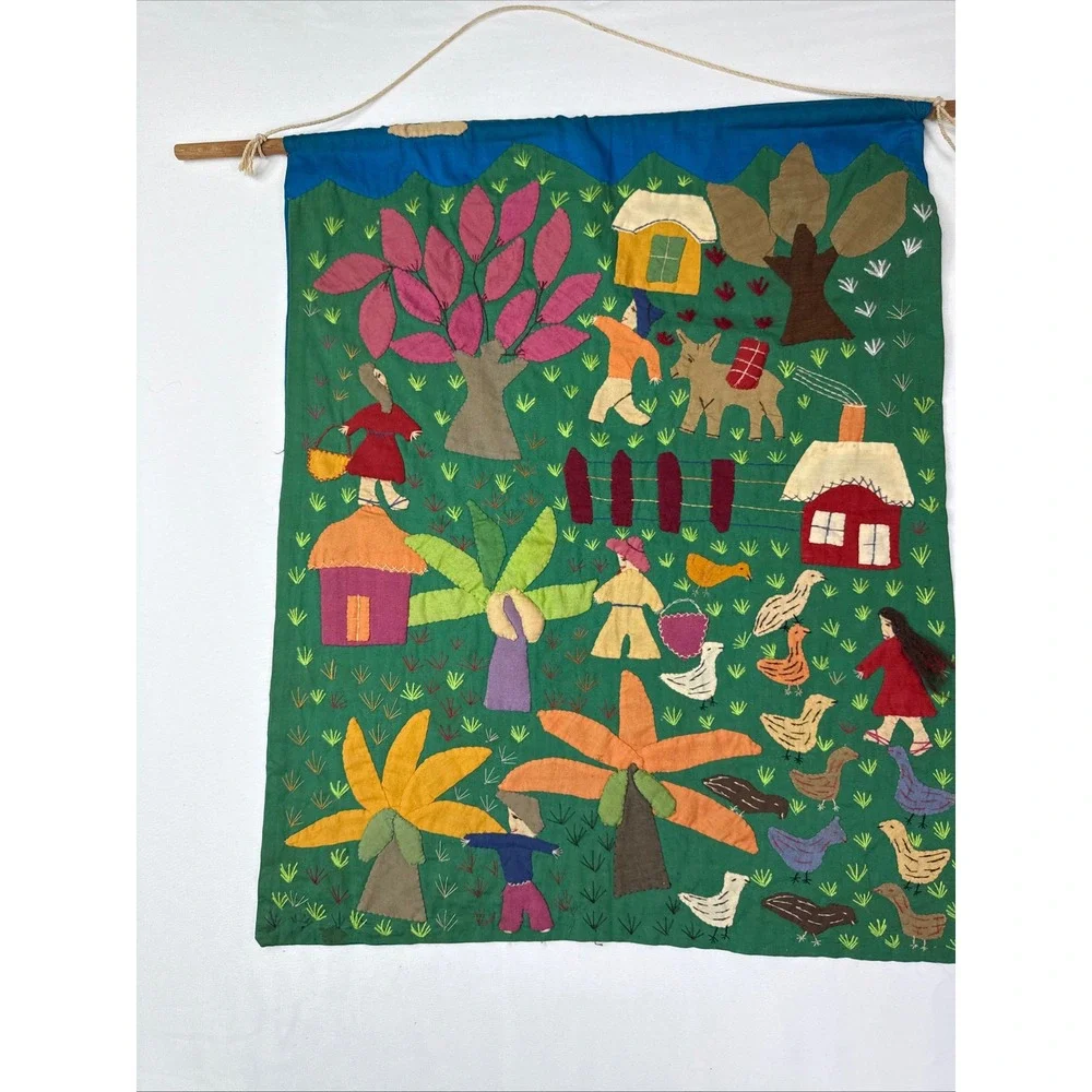 Vintage Peruvian Arpillera Folk Art Wall Hanging Handmade Village Scene 18x14.5